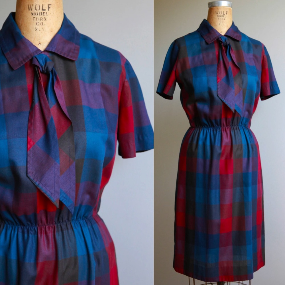 1960s Plaid School Girl Dress with Necktie Collar